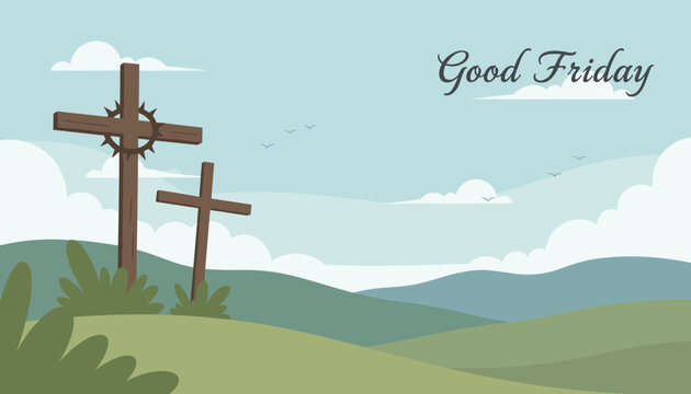 Religious Good Friday scene with three wooden crosses on a grassy hill under a cloudy sky with birds flying in the distance.