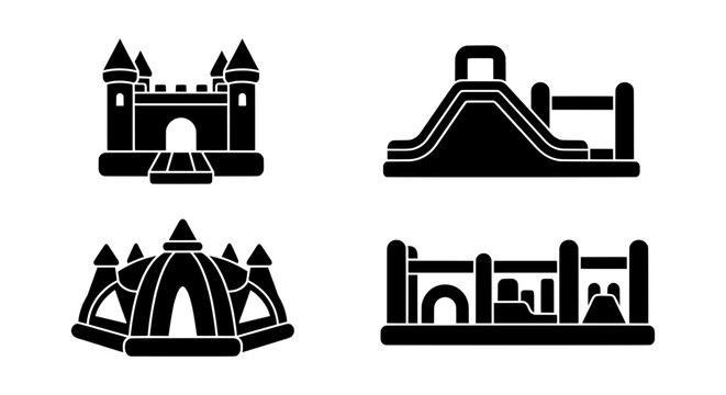 Bouncy castle icon set, inflatable bounce house vector, playground slide graphic