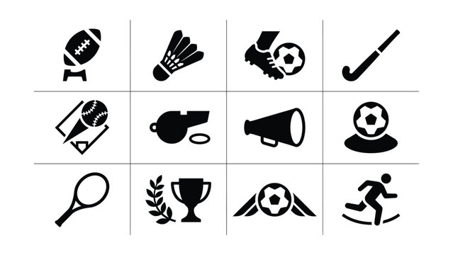 Set of twelve black icons representing various popular sports activities