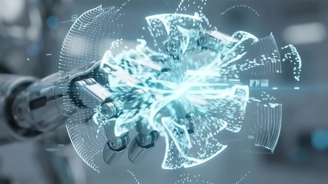 Robotic Cyborg Hand Manipulating Glowing Blue Digital Particles into Light Sphere Animation for AI Technology Concept