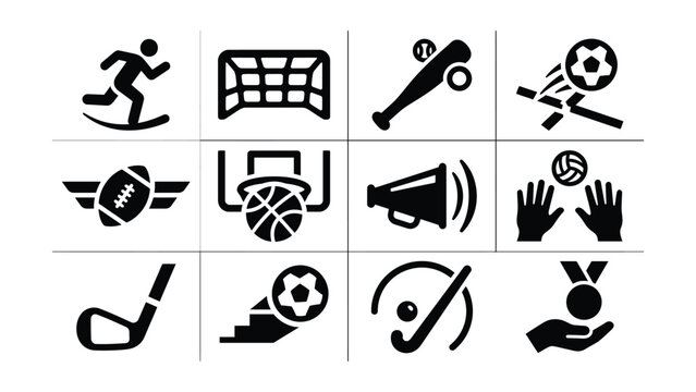 Set of twelve black icons representing various popular sports activities