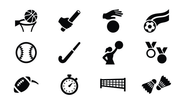 Set of twelve black sports icons with transparent background for various activities