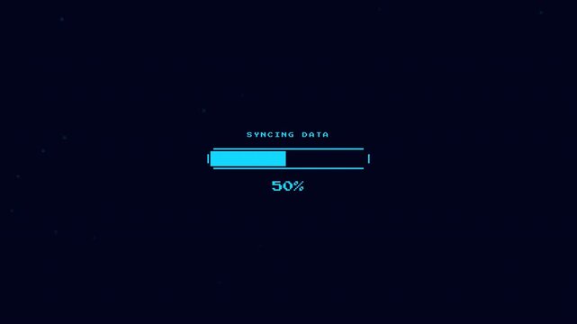 Blue 8 Bit Retro Loading Bar Featuring a Syncing Data Progress Indicator with Pixelated UI. 4K Video