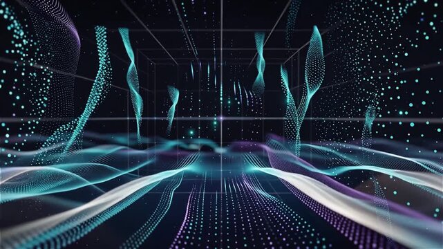 Abstract Futuristic Digital Particle Wave and Glowing Cyan Purple Mesh Flowing in 3D Cyber Grid Space for AI Technology and Big Data Background