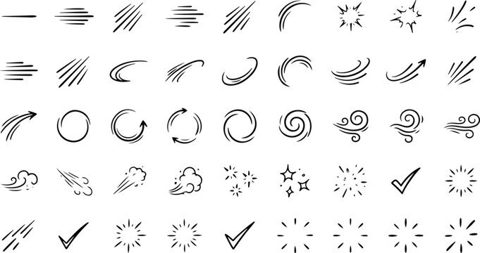 Black and white hand drawn motion lines and dynamic energy shapes with handdrawn