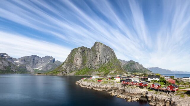 Time lapse of the clouds moving above he small town of Hamnoy in the Lofoten Islands in Northern Norway.