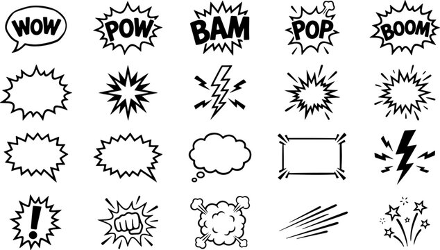 Comic book style sound effects and speech bubbles collection with explosions graphics illustration cartoons sketches monochrome