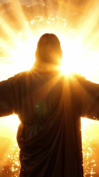A Majestic Silhouette of a Religious Figure Against a Beautiful Sunset, Symbolizing Hope and Spirituality with Arms Outstretched, Inviting Reflection and Meditation.