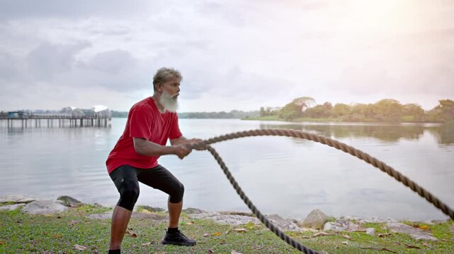 Mature Indian man with a beard working out with a battle rope at a lakeside park In Singapore. Slow motion.