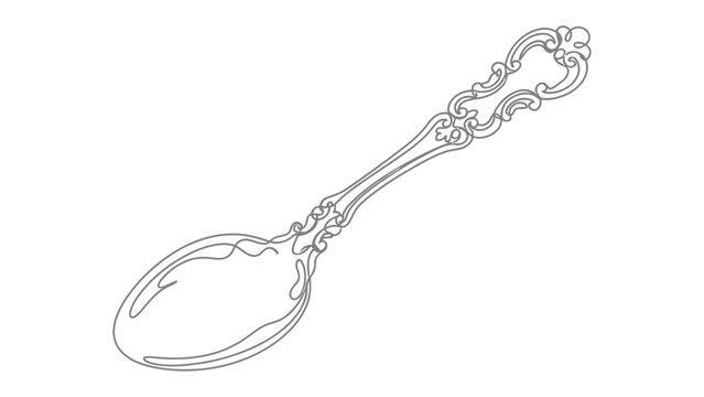 Ornate Silver Spoon: An exquisitely detailed illustration of an antique silver spoon, featuring intricate scrollwork and elegant curves, suggesting a touch of vintage luxury and fine dining.