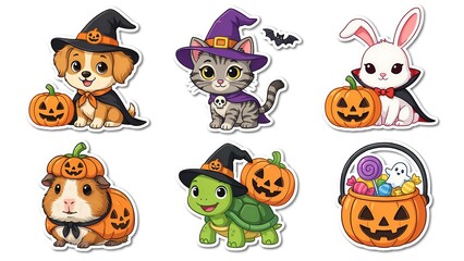 Fototapeta premium Cute Halloween Animal Clipart Collection with Witch Dog, Wizard Cat, Vampire Bunny, Pumpkin Guinea Pig and Spooky Turtle