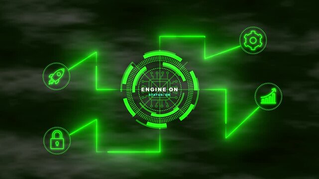 Futuristic technology interface with engine on status and green glowing HUD circle