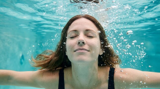 Woman with closed eyes floating underwater surrounded by rising air bubbles