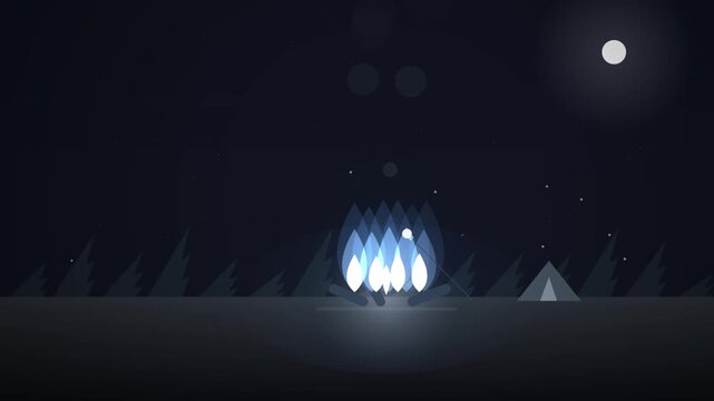 Cozy animated campfire burning brightly beneath night sky with marshmallow roasting on stick in motion video clip