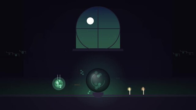 Mysterious magical crystal ball glowing in dark laboratory room with window at night animation footage
