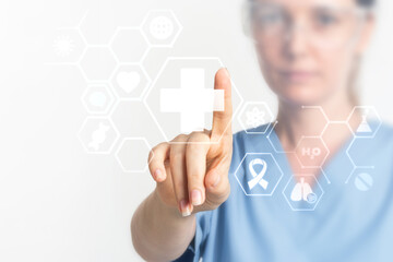 Obraz premium Medical professional pressing a digital white plus icon on interface