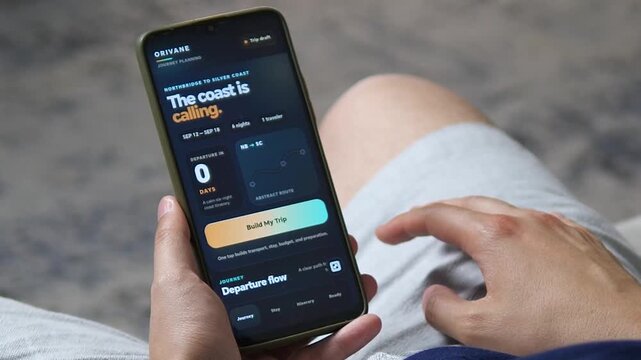 Traveler reviews a smartphone trip planner with route, departure date and itinerary tools, highlighting digital travel planning, solo journeys and mobile booking habits.