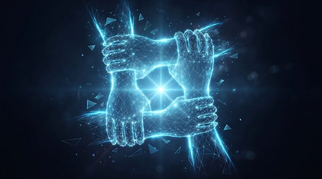 Glowing blue digital wireframe hands holding wrists in a interlocking loop, representing global teamwork, digital unity, cyber partnership, and security collaboration.