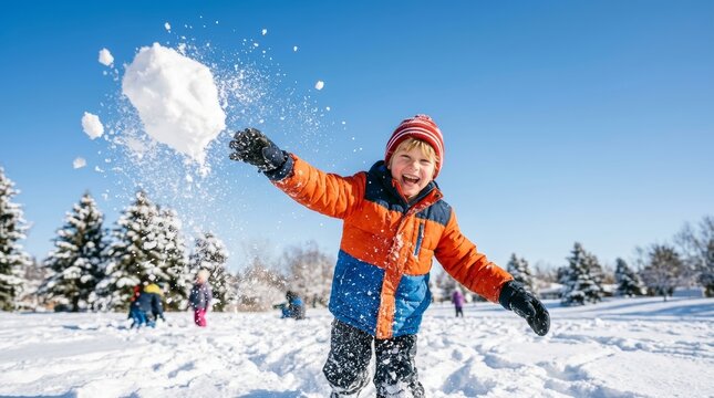 Happy boy throwing snowball in snowy winter park with other children playing behind. Kid in warm winter clothes having fun outdoors on sunny day. Snow fight and childhood fun.