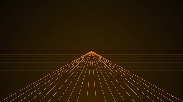 Golden matrix grid lines converging to a vanishing point in abstract digital perspective technology background