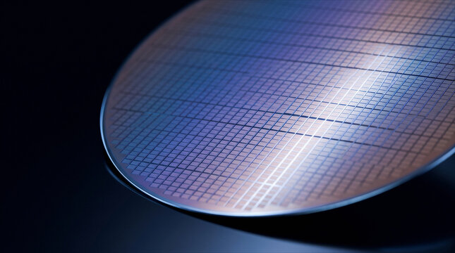 Silicon wafer with microchip die pattern isolated on transparent background for semiconductor industry