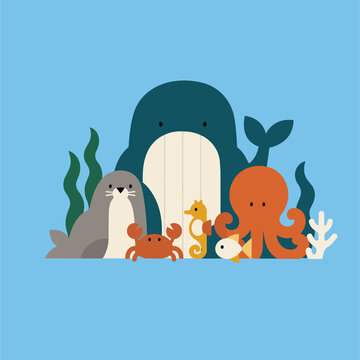 Cute Ocean Animals &ndash; Whale, Seal, Octopus, Seahorse, Crab and Fish Illustration