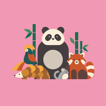 Cute Asian Forest Animals &ndash; Panda, Red Panda, Pangolin and Pheasant Illustration