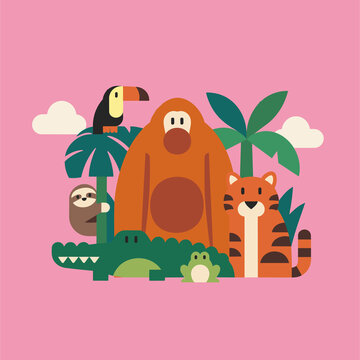 Cute Jungle Animals &ndash; Tropical Wildlife Character Group Illustration