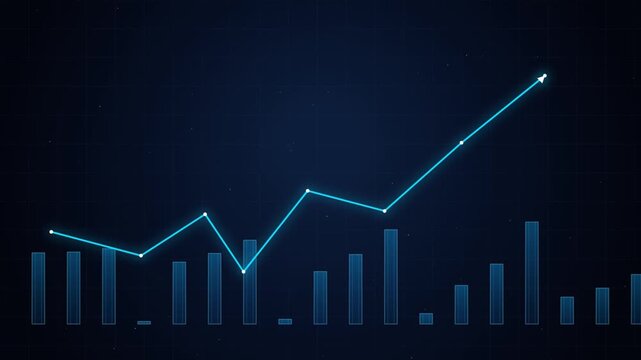 Digital financial graph with rising blue line chart and bar graph on grid