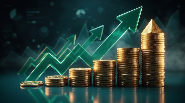 Rising stacks of gold coins paired with a green translucent upward arrow graph, symbolizing financial growth, profit investment, wealth accumulation, and stock market success.
