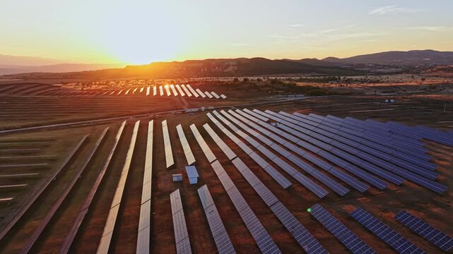 Rows of solar energy panels are set up in a large open area as the sun sets in the distance. Hills and fields can be seen around the solar farm.