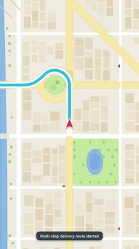 Vertical animated GPS navigation map tracks multi-stop courier delivery route across city grid. Teal line with numbered pins and alerts follows driver progress. Flat design for logistics apps.