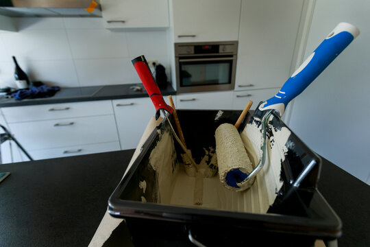 Tools for Painting a Wall in a Kitchen
