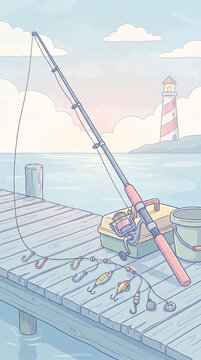 Fishing Rod on Wooden Pier Dock by Sea Shore Beach with Lighthouse Landscape Vector Illustration