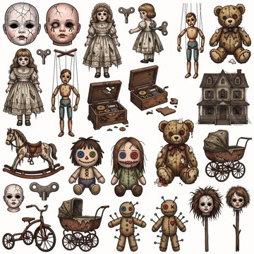 Creepy vintage toy collection with haunted dolls and puppets set.
