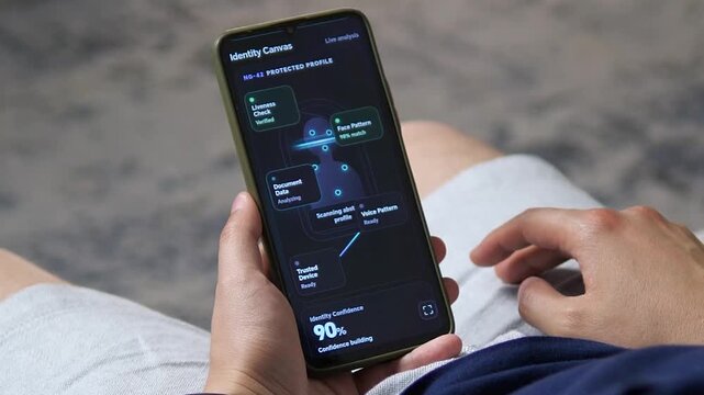 Biometric identity verification unlocks a protected mobile banking account, highlighting passwordless security, trusted devices and fraud-resistant digital access.