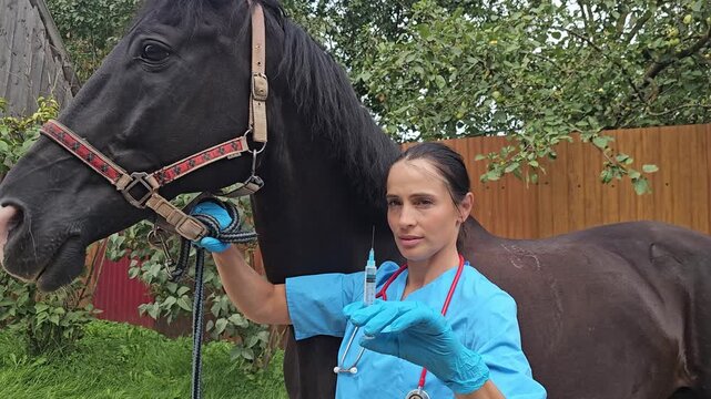 Veterinarian gives injection to horse during routine care in outdoor setting
