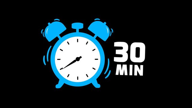30 min timer animation on transparent background with alpha channel. Timer, clock, alarm clock icon with 30 minute timer animation video. 30 minutes clock. 4k video