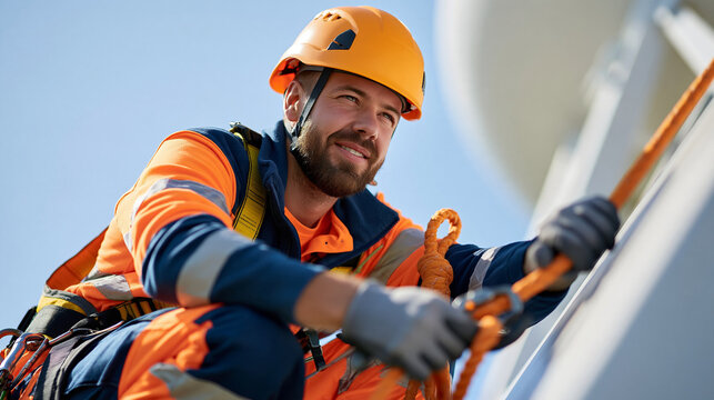 Worker performing maintenance on a large water tower while wearing harness, helmet and high-visibility clothing, municipal infrastructure, utility maintenance, fall prevention,