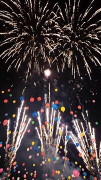 Fireworks Display with Colorful Balloons Bursting in the Night Sky, Creating a Vibrant and Celebratory Atmosphere.