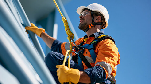 Worker performing maintenance on a large water tower while wearing harness, helmet and high-visibility clothing, municipal infrastructure, utility maintenance, fall prevention,