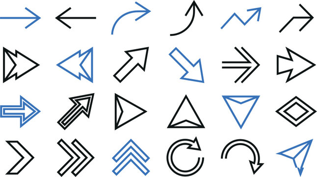 Collection of various hand drawn arrow icons in black and blue colors isolated on white background
