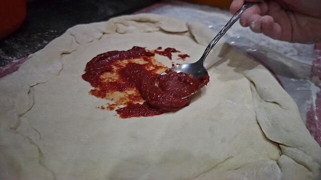 Preparing a pizza base with sauce and toppings in a kitchen