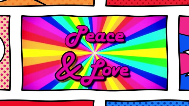 Psychedelic rainbow starburst with Peace and Love lettering in retro groovy style fills comic panels. Colorful hippie aesthetic for positivity and harmony themes.