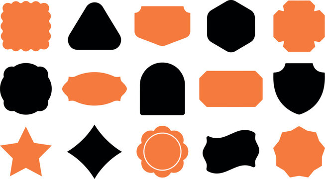 Set of various geometric shapes and vintage labels in black and orange colors on white background