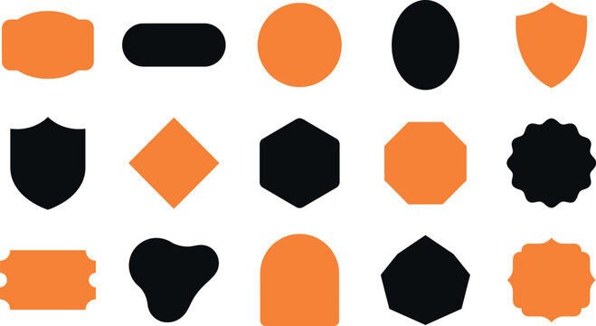 Set of various geometric shapes and decorative labels in orange and black colors on white background