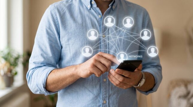 Man using smartphone with networking icons and digital connections technology