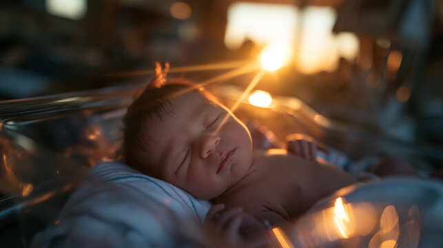 Newborn Baby Sleeping in Hospital Bassinet at Sunrise