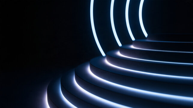 Futuristic Podium with Glowing Neon Light Rings for Product Display