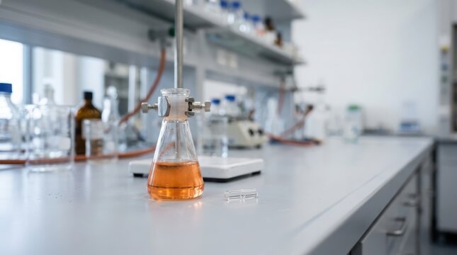 Lab experiment with orange liquid in an Erlenmeyer flask on a laboratory bench